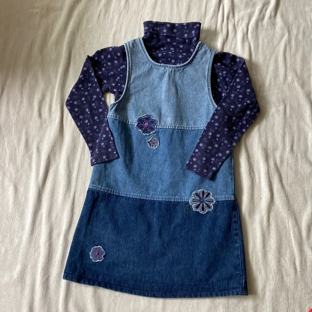 VINTAGE Y2K Dress Jumper Outfit Skirt Shirt Floral Denim Patchwork Appliqué